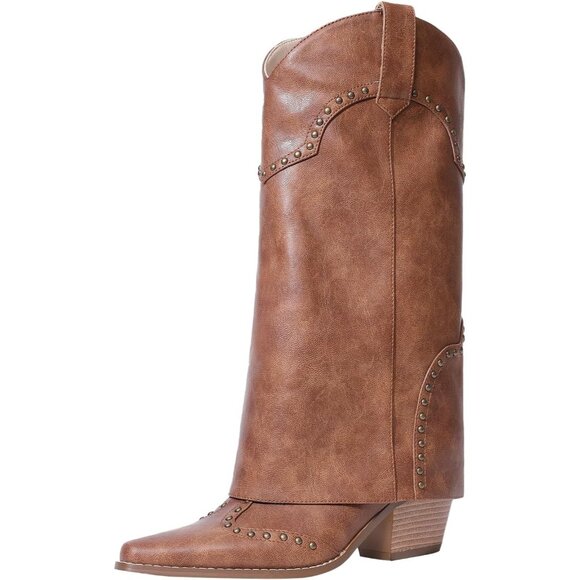 Shoes - Women's Brown Shark Boots Fold Over Mid Calf Chunky Heel Snip Toe Cowboy